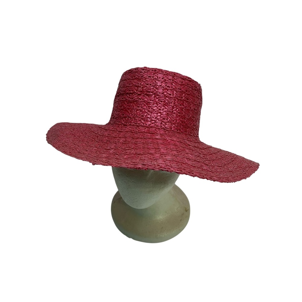 VTG Magenta Pink Woven Straw‎ Wide Brim Sun Hat Flat Top RN 28993 Taiwan